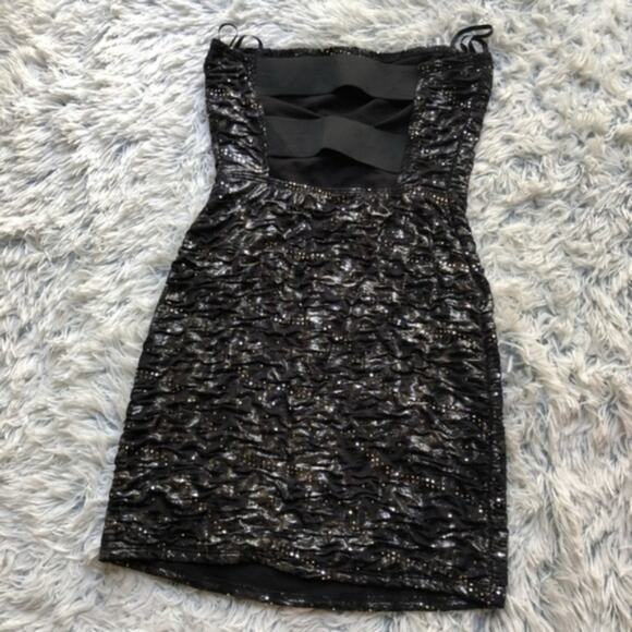 Taboo Black Glittery Shiny Goth Strapless Cocktail Dress - Picture 6 of 8